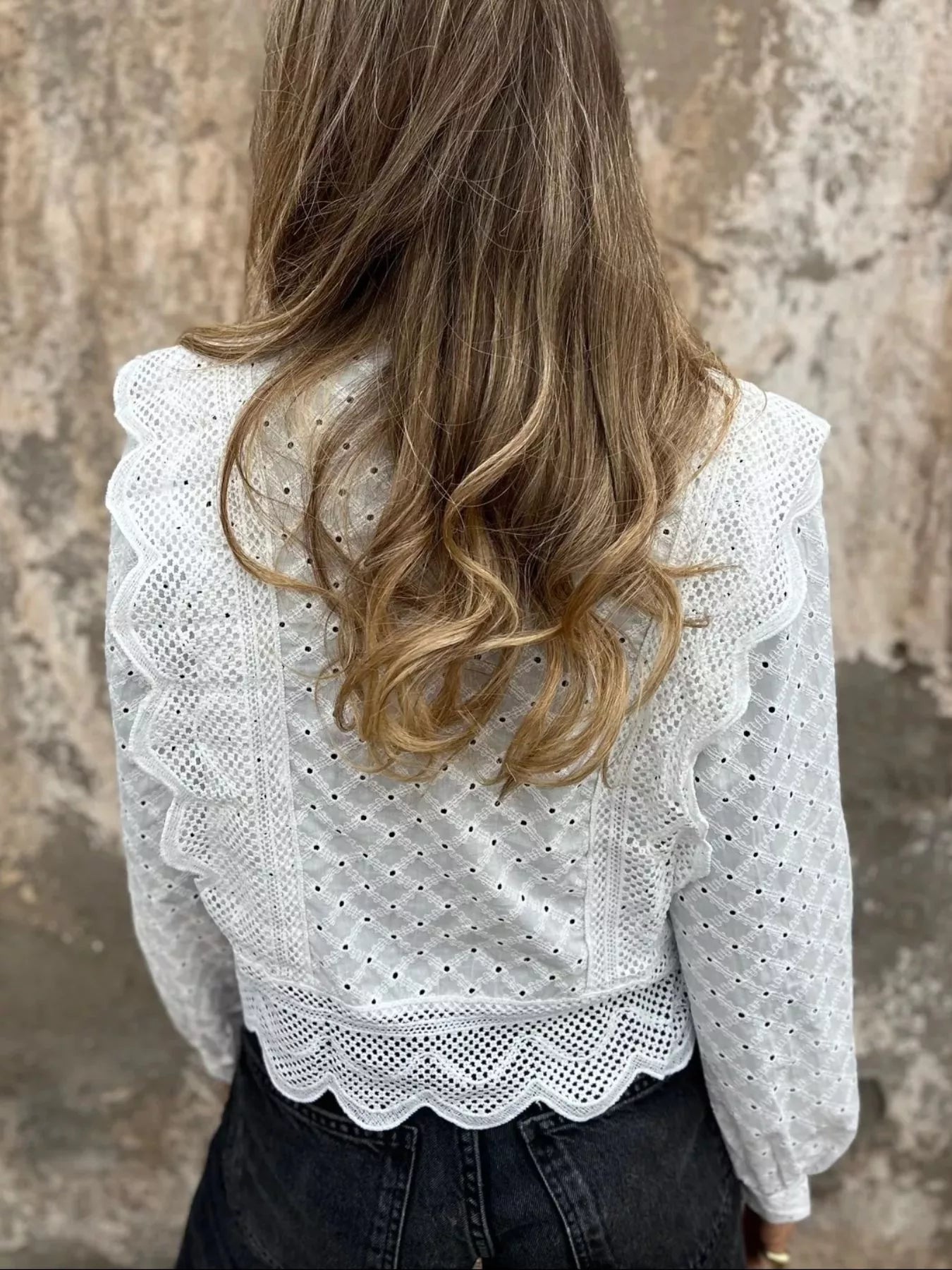 Eyelet Button-Up Shirt with Scalloped Hem