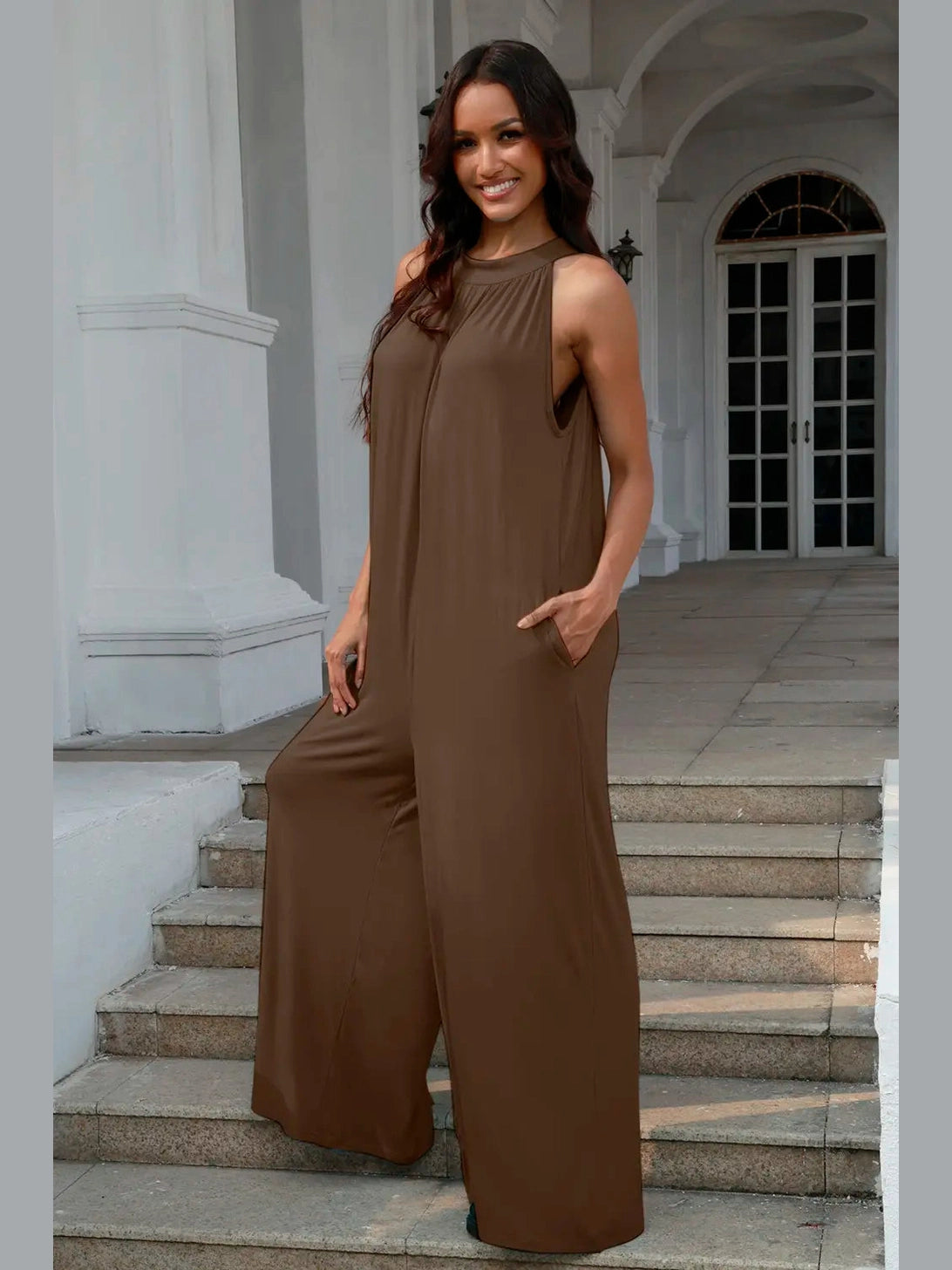 Double Take Full Size Tie Back Cutout Sleeveless Jumpsuit nicholesgifts