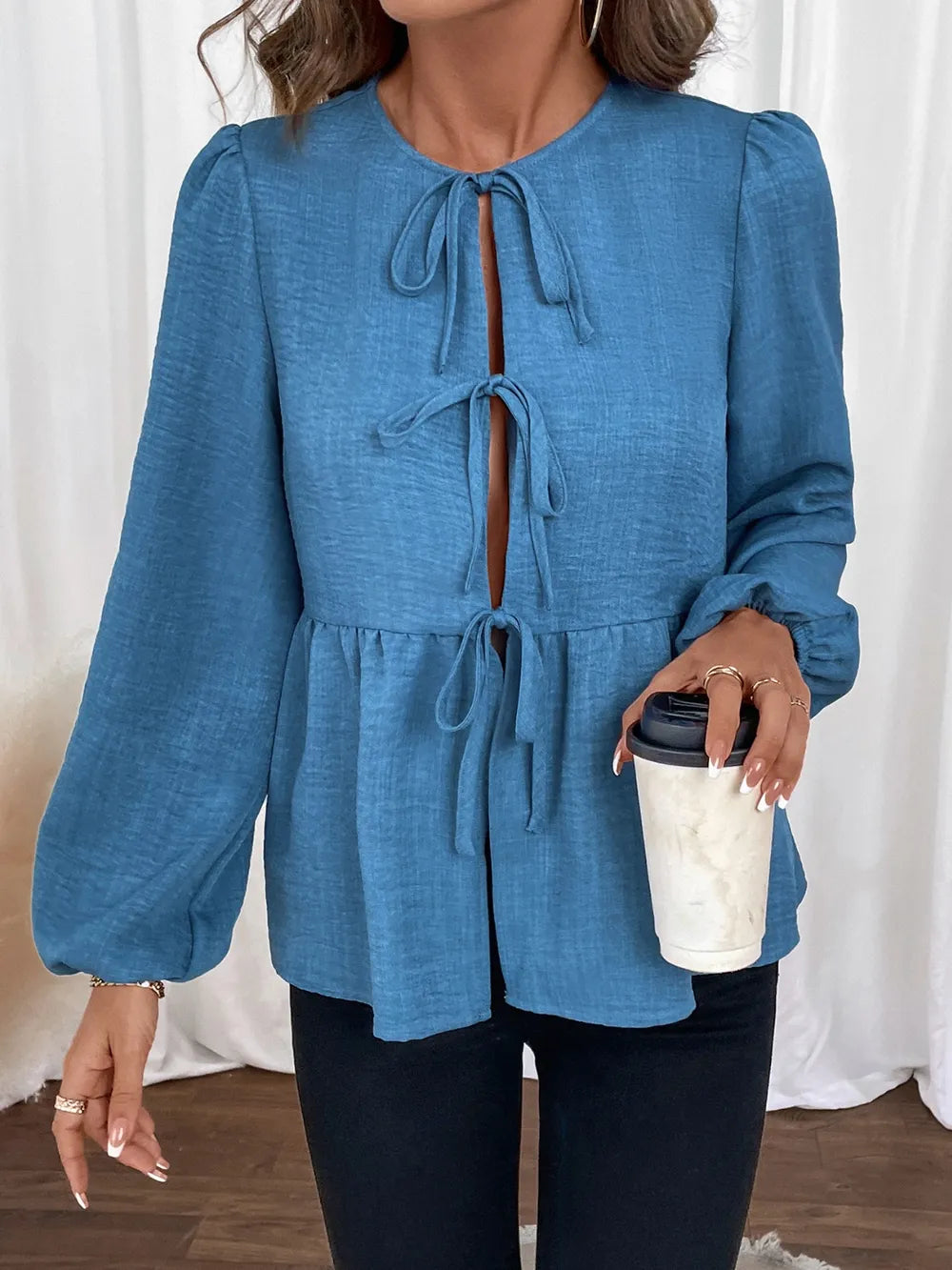 Peplum Tie Neck Balloon Sleeve Blouse NicholesGifts