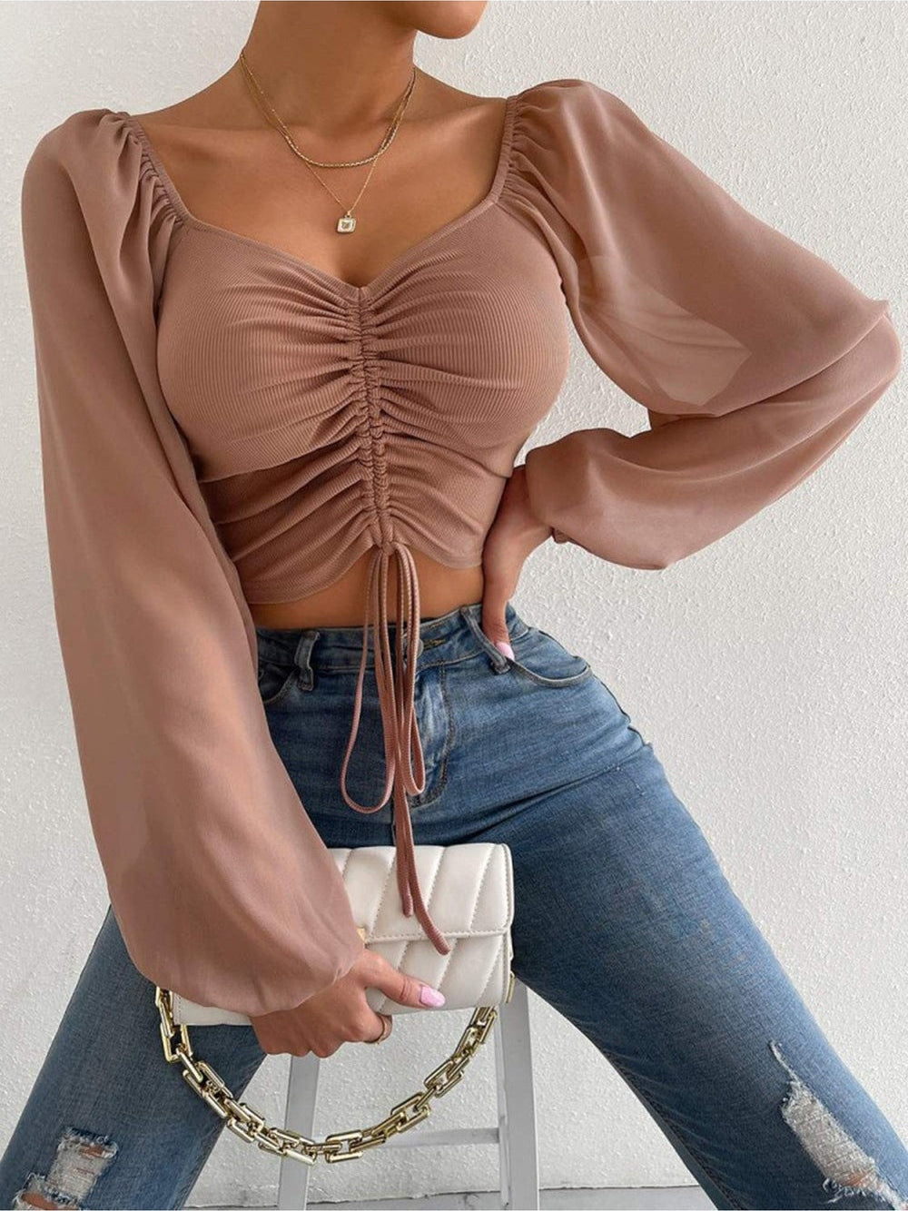 Women Drawstring Sweetheart Neck Cropped Top nicholesgifts