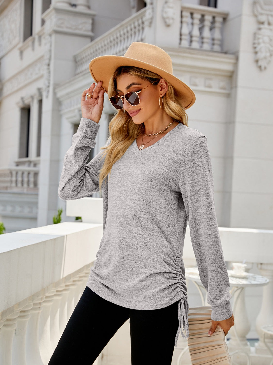 Women Drawstring V-Neck Long Sleeve T-Shirt nicholesgifts