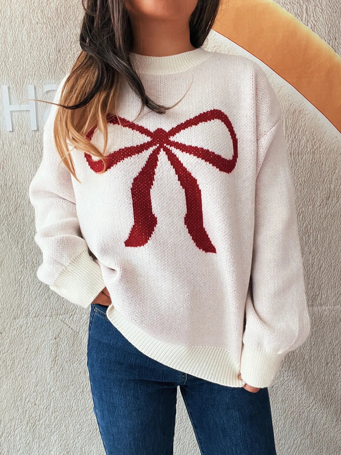 Bow Pattern Casual Long Sleeve Sweater
