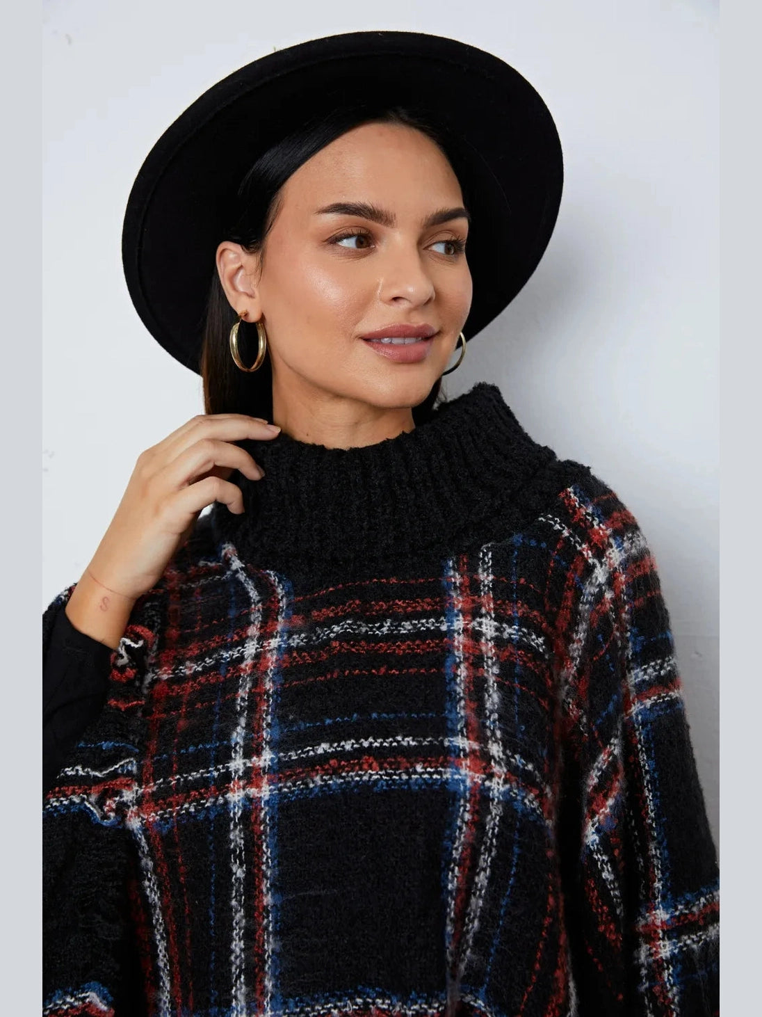 Shiny Turtleneck Plaid Raw Hem Sweater Trendsi