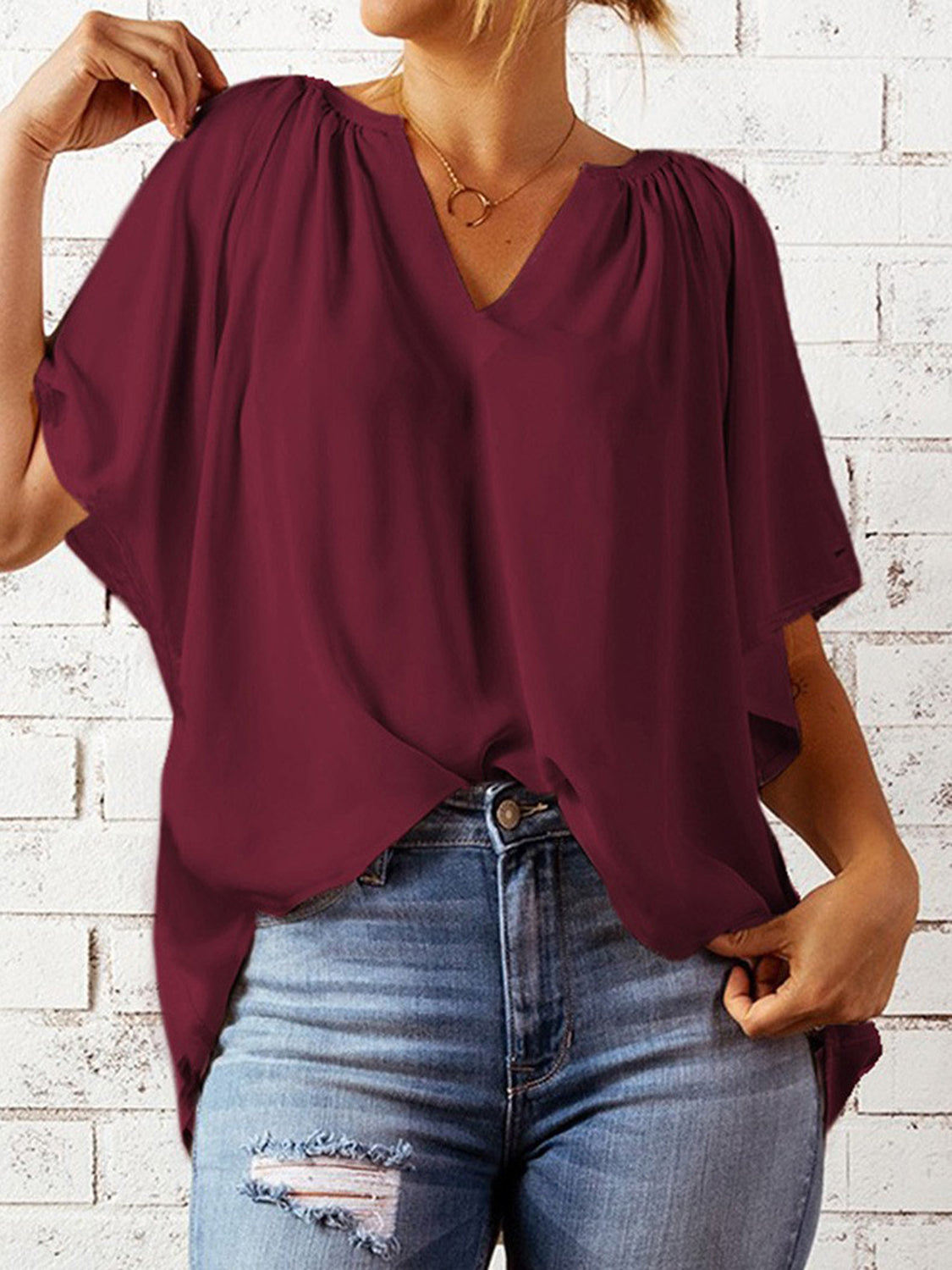 Ruched Notched Half Sleeve Blouse nicholesgifts