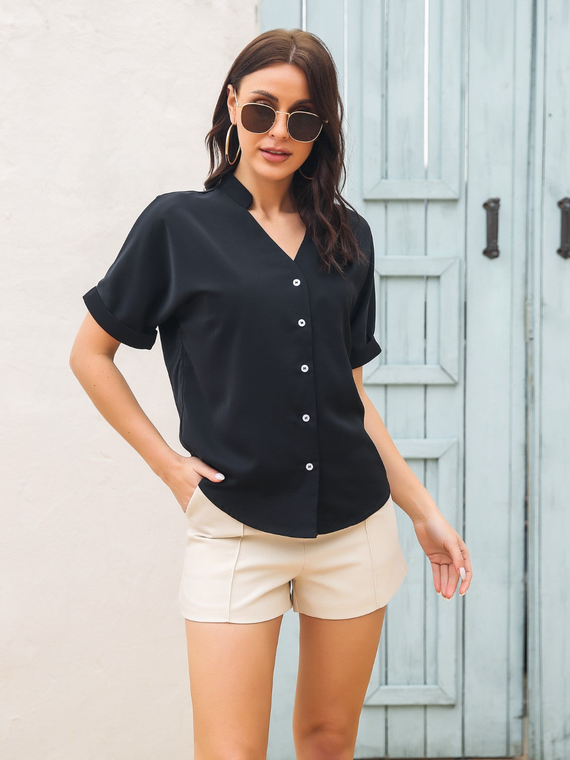 Notched Button Up Short Sleeve Shirt nicholesgifts