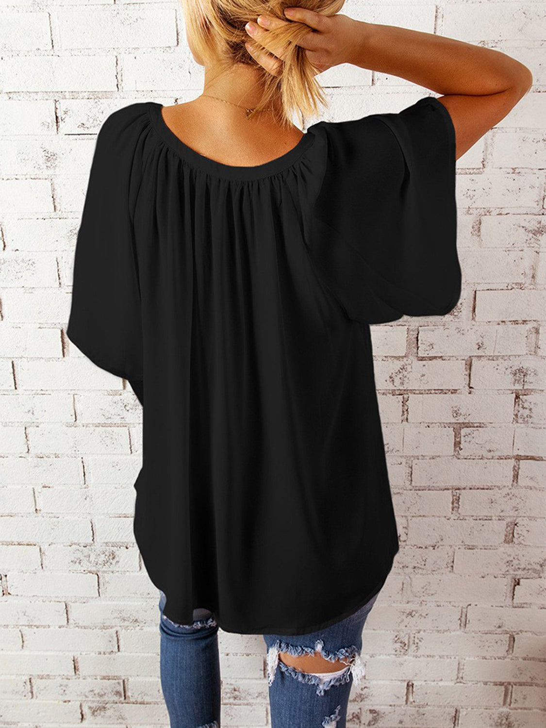 Ruched Notched Half Sleeve Blouse nicholesgifts