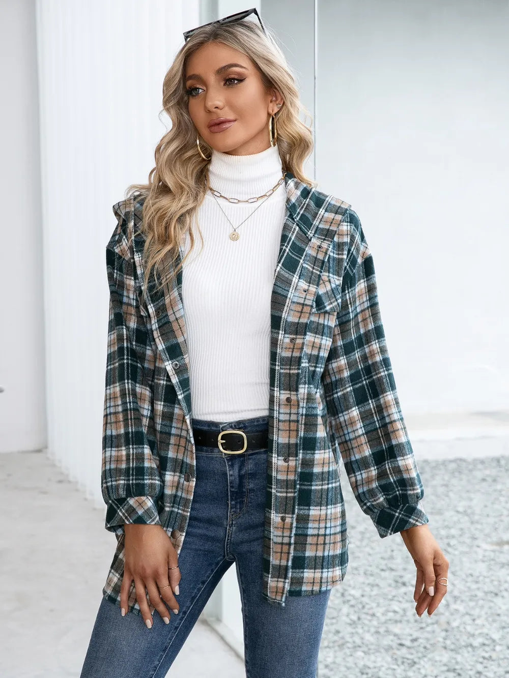 Ivy Lane Plaid Snap Down Hooded Jacket nicholesgifts