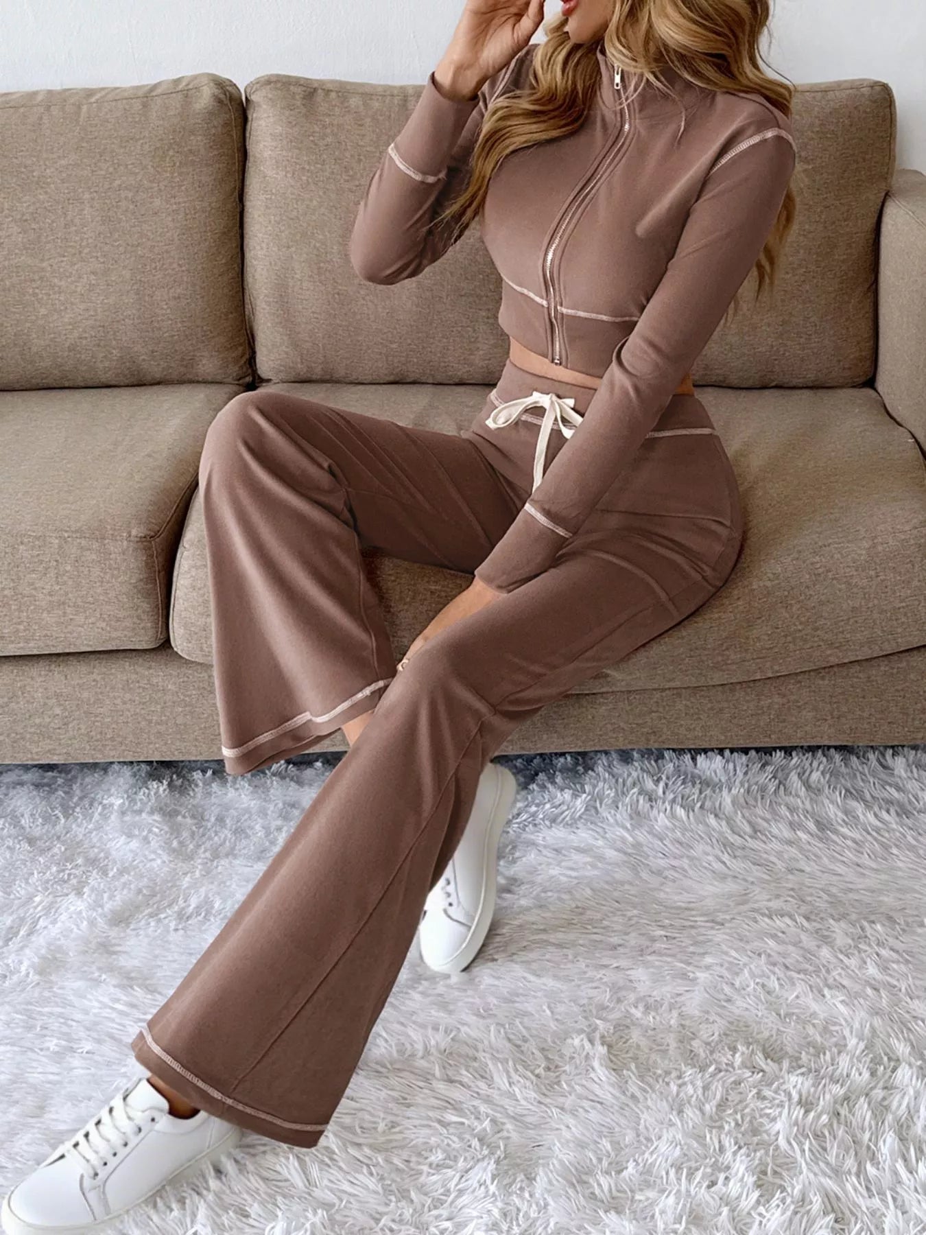 Zip Up Long Sleeve Top and Pants Set Trendsi