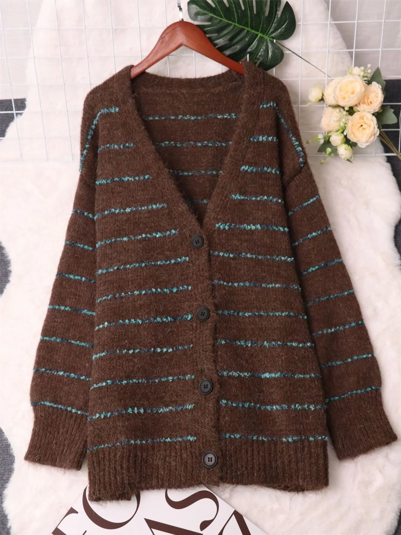 Striped Button-Up Cardigan with V-Neck Design