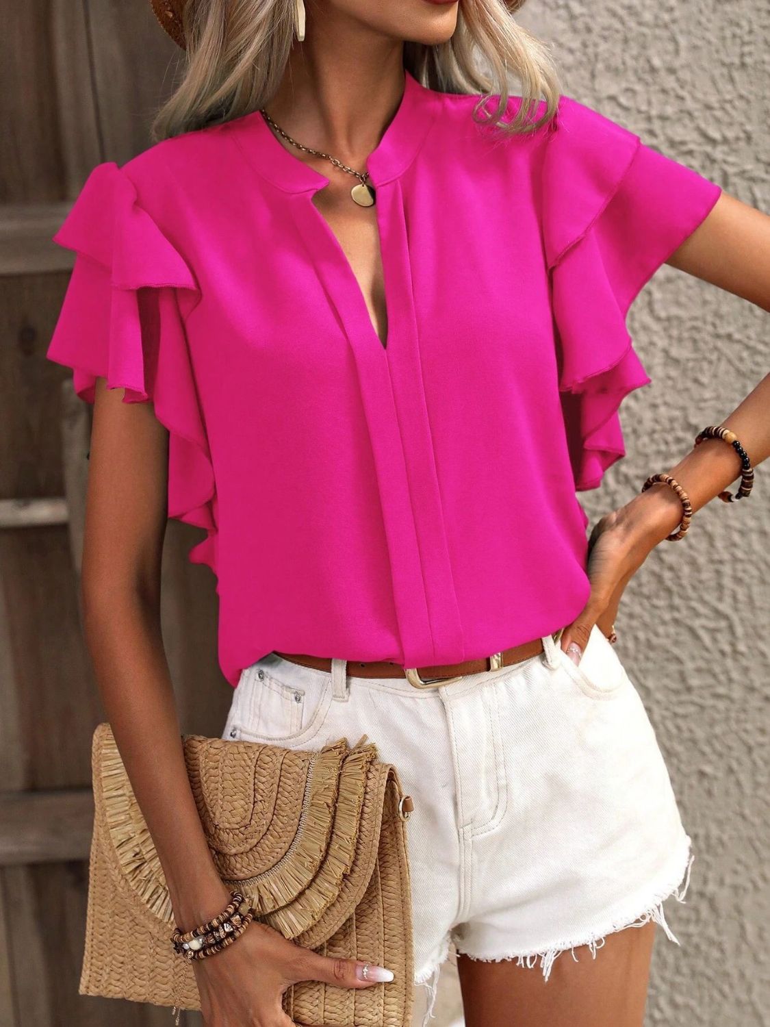 Ruffled Notched Short Sleeve Blouse nicholesgifts