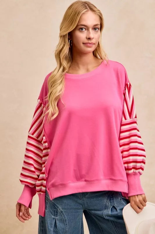 BiBi French Terry Stripe Combo Sweatshirt with Open Seam Trendsi