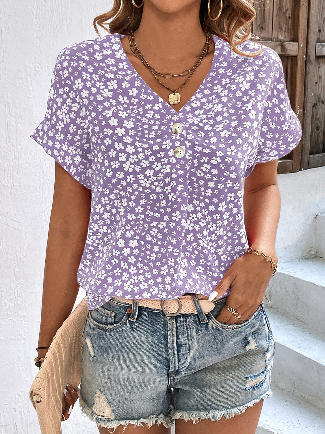 Printed V-Neck Short Sleeve Blouse nicholesgifts