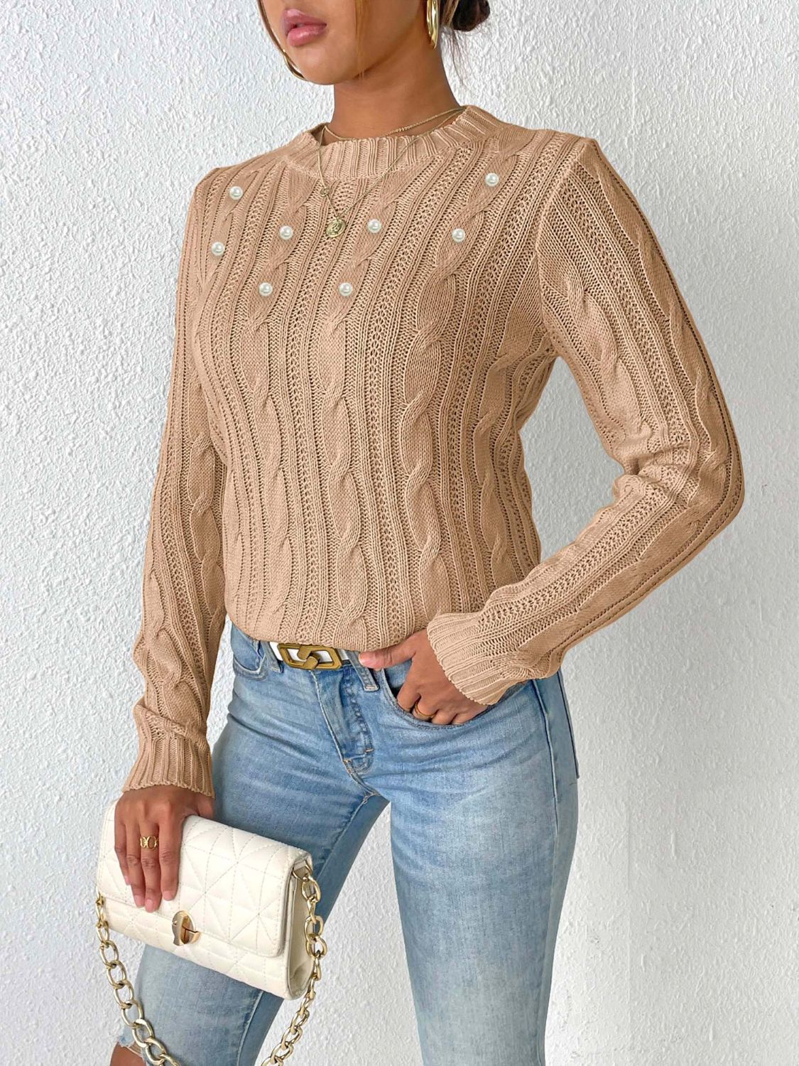 Cable-Knit Round Neck Long Sleeve Sweater nicholesgifts