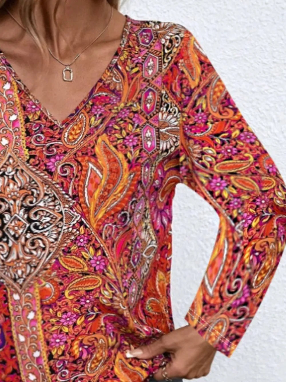 Printed V-Neck Long Sleeve Blouse NicholesGifts
