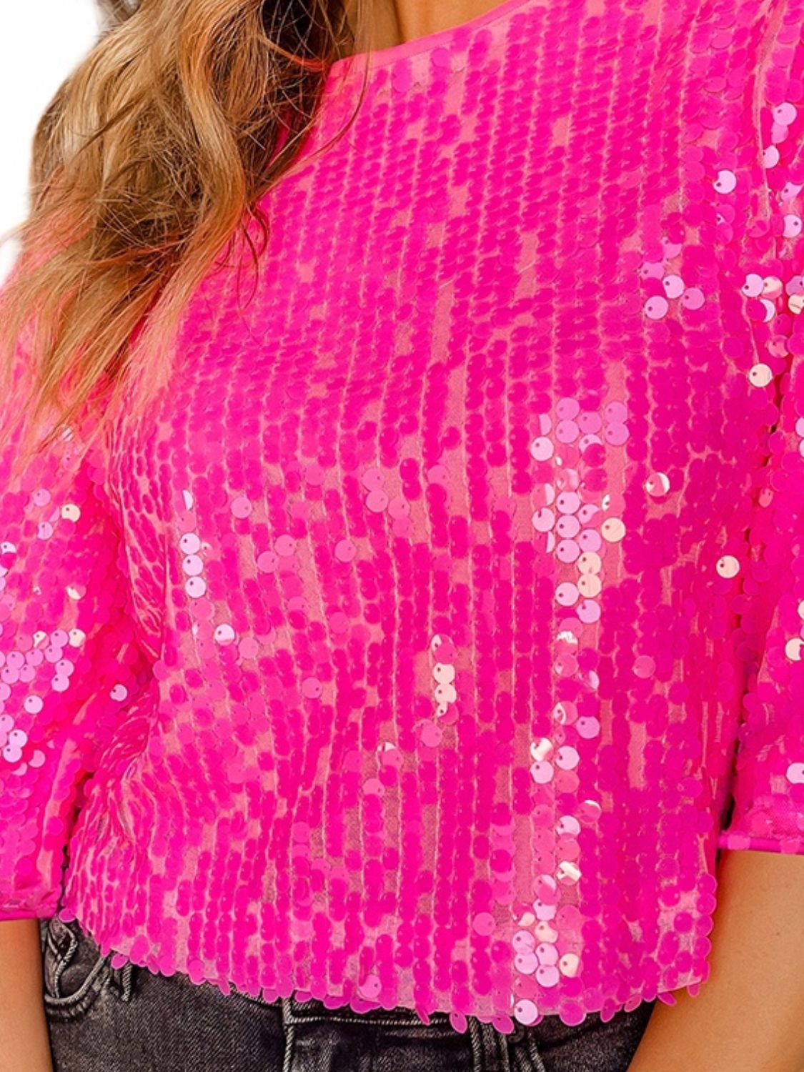 Sequin Round Neck Half Sleeve Blouse nicholesgifts