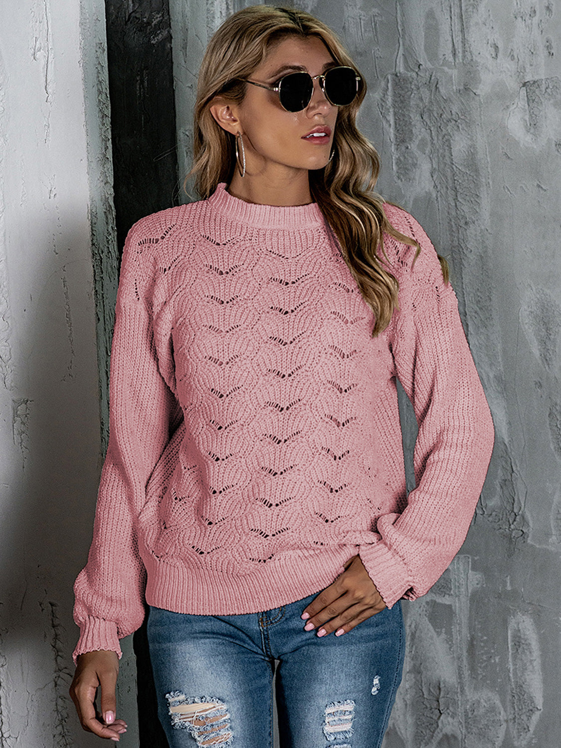 Openwork Mock Neck Long Sleeve Sweater NicholesGifts