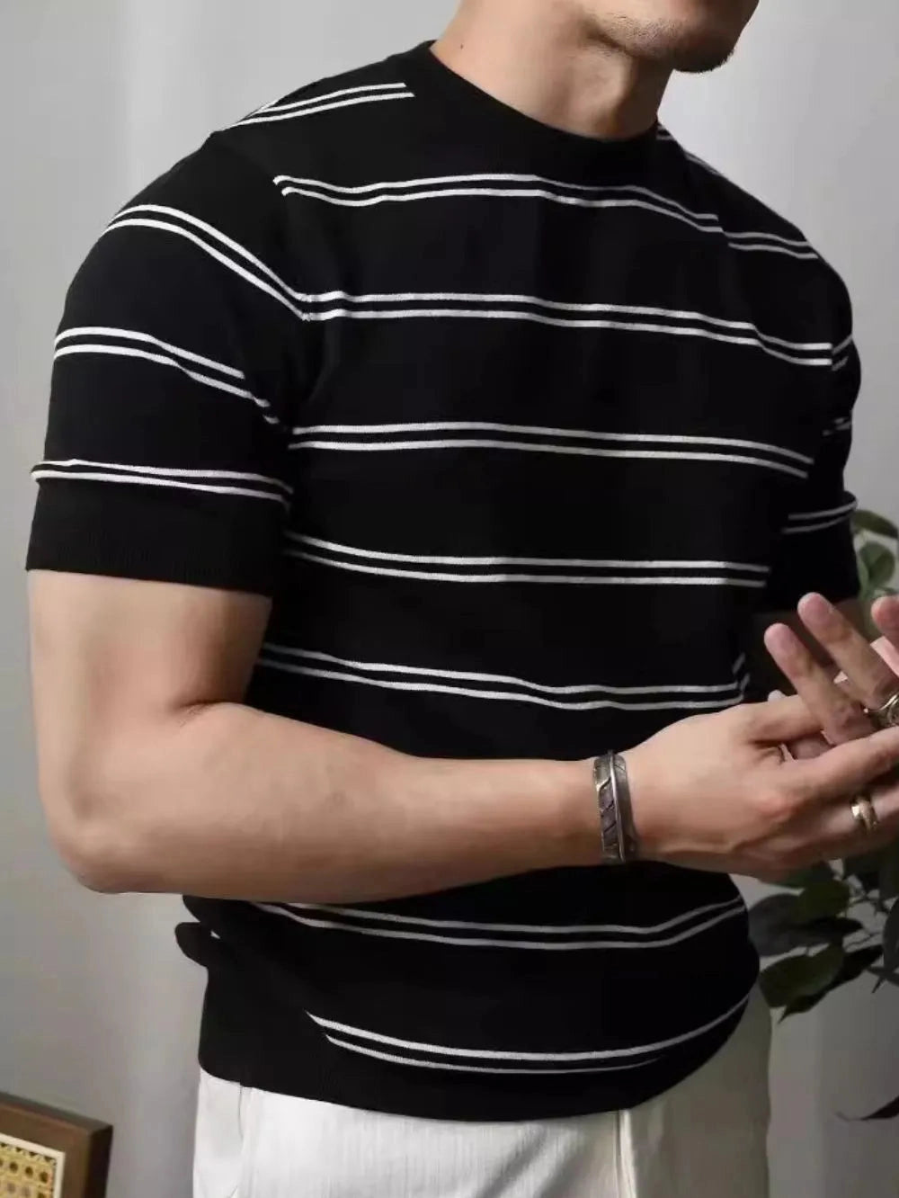 Men's Plus Size Round Neck Striped T-Shirt Trendsi
