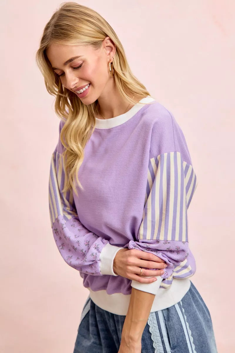 BiBi Mix and Match Sweatshirt with Floral Sleeve Striped Trendsi