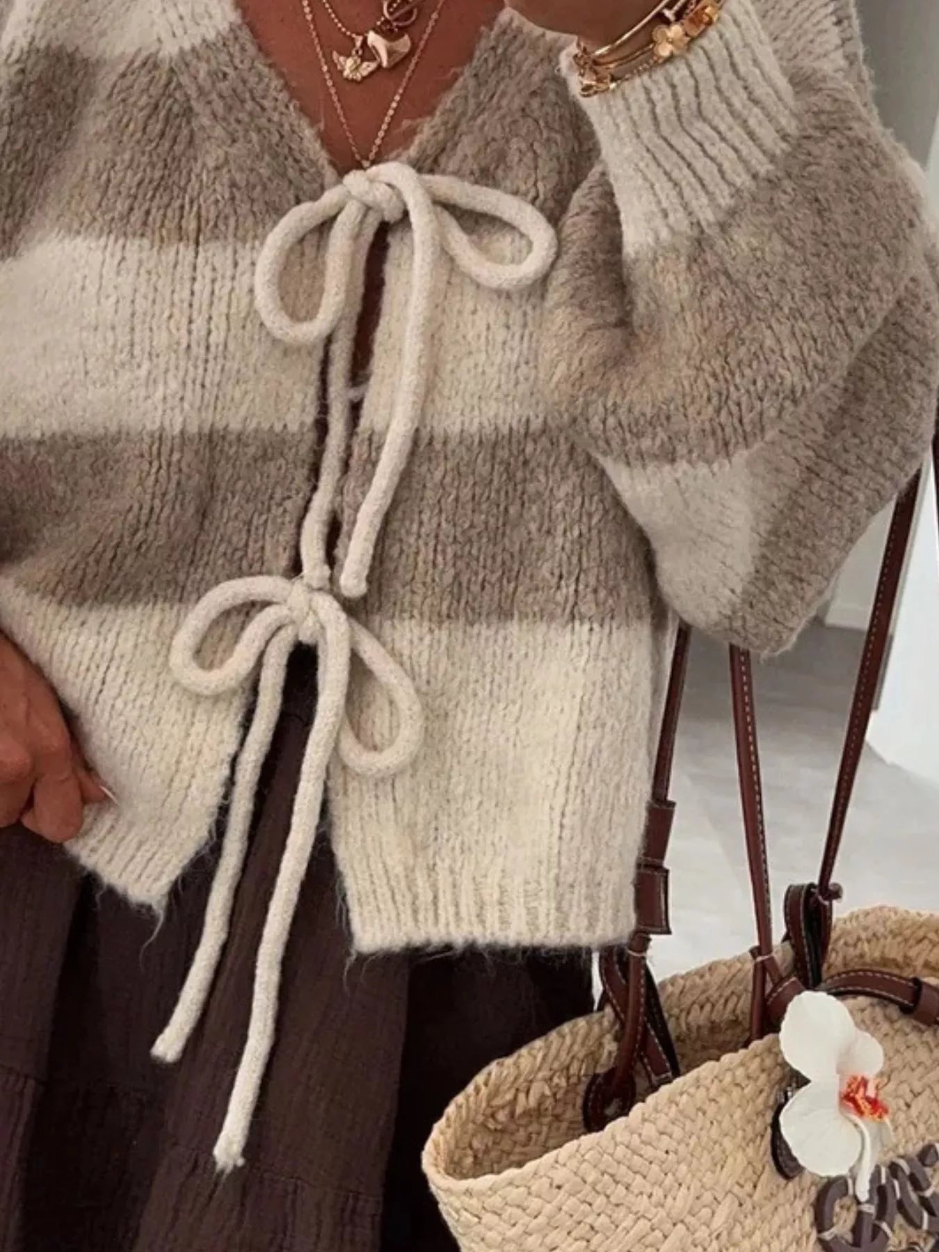 Striped Tie-Front Knit Cardigan Trendsi