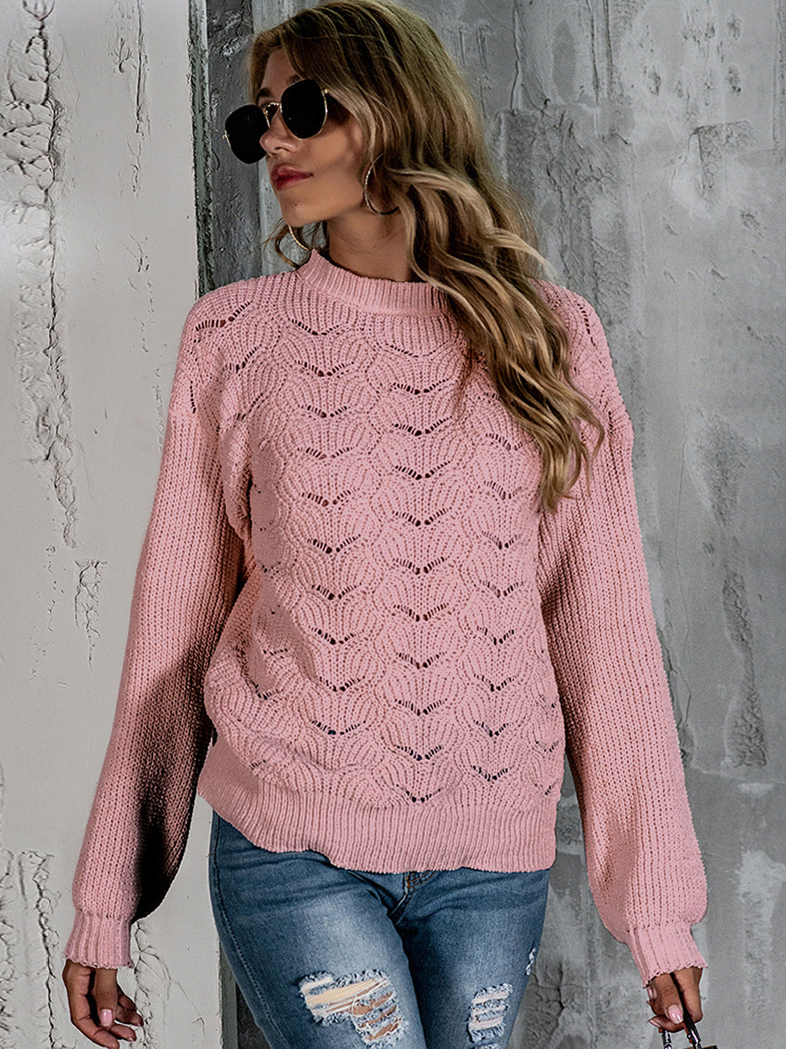 Openwork Mock Neck Long Sleeve Sweater NicholesGifts
