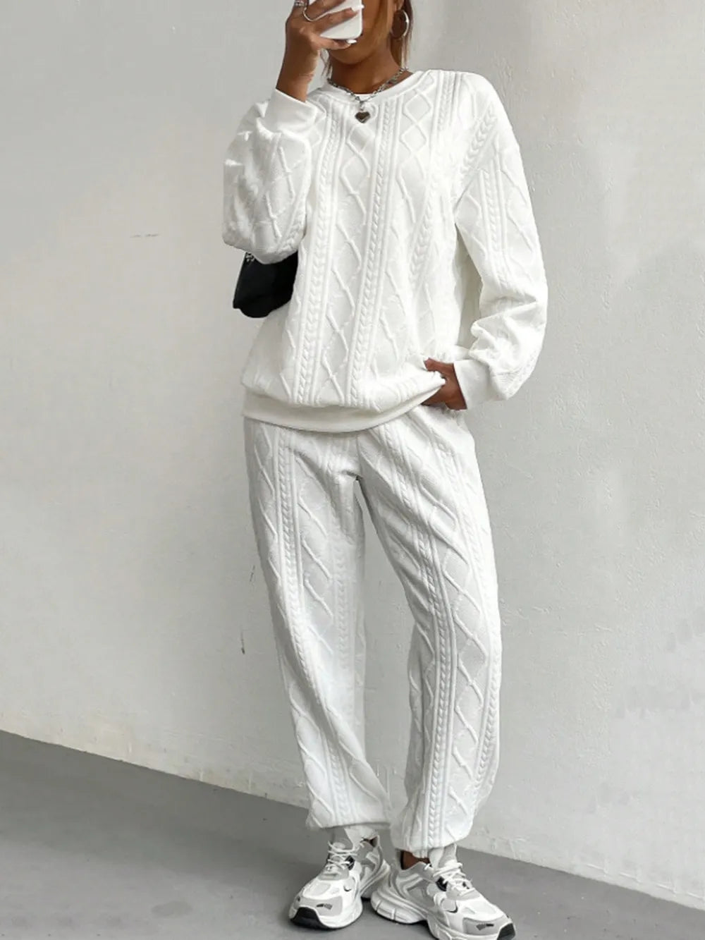 Texture Round Neck Top and Pants Set nicholesgifts