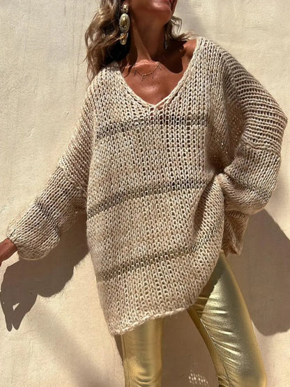 Openwork V-Neck Long Sleeve Sweater nicholesgifts