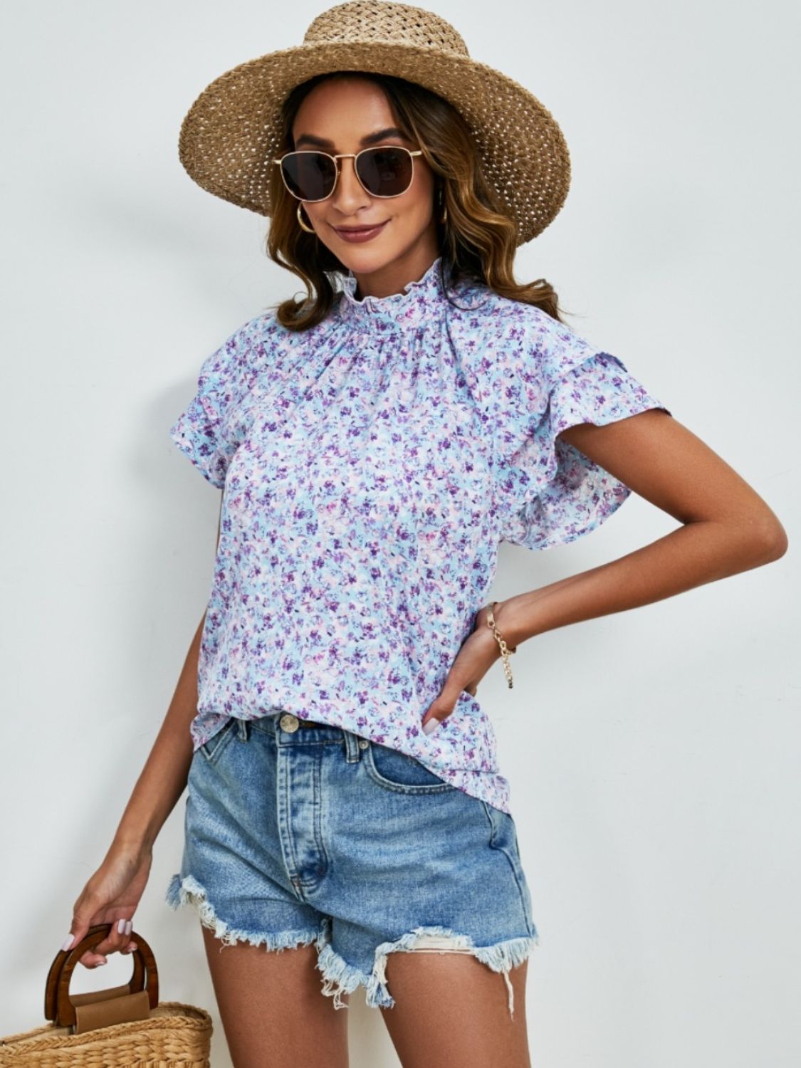 Ditsy Floral Mock Neck Flounce Sleeve Blouse nicholesgifts