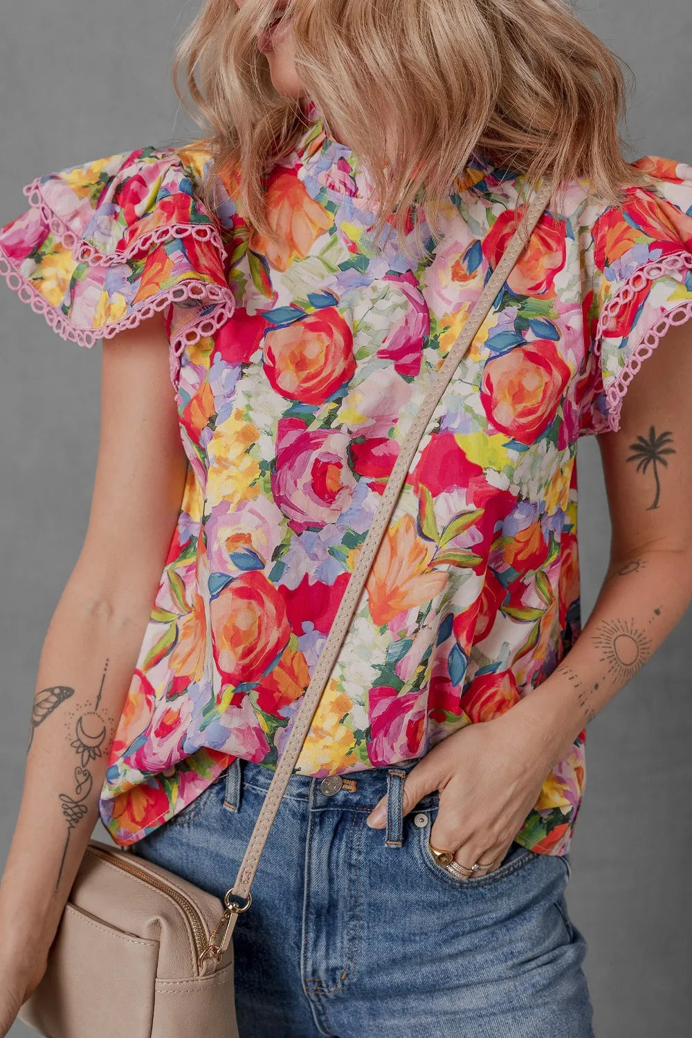 Lace Trim Ruffle Cap Sleeve Floral Blouse Trendsi