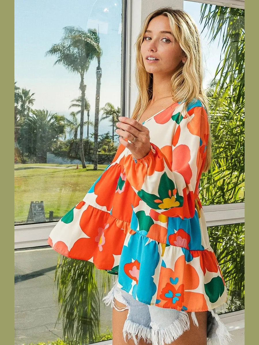 BiBi Floral Woven Tiered V Neck Top