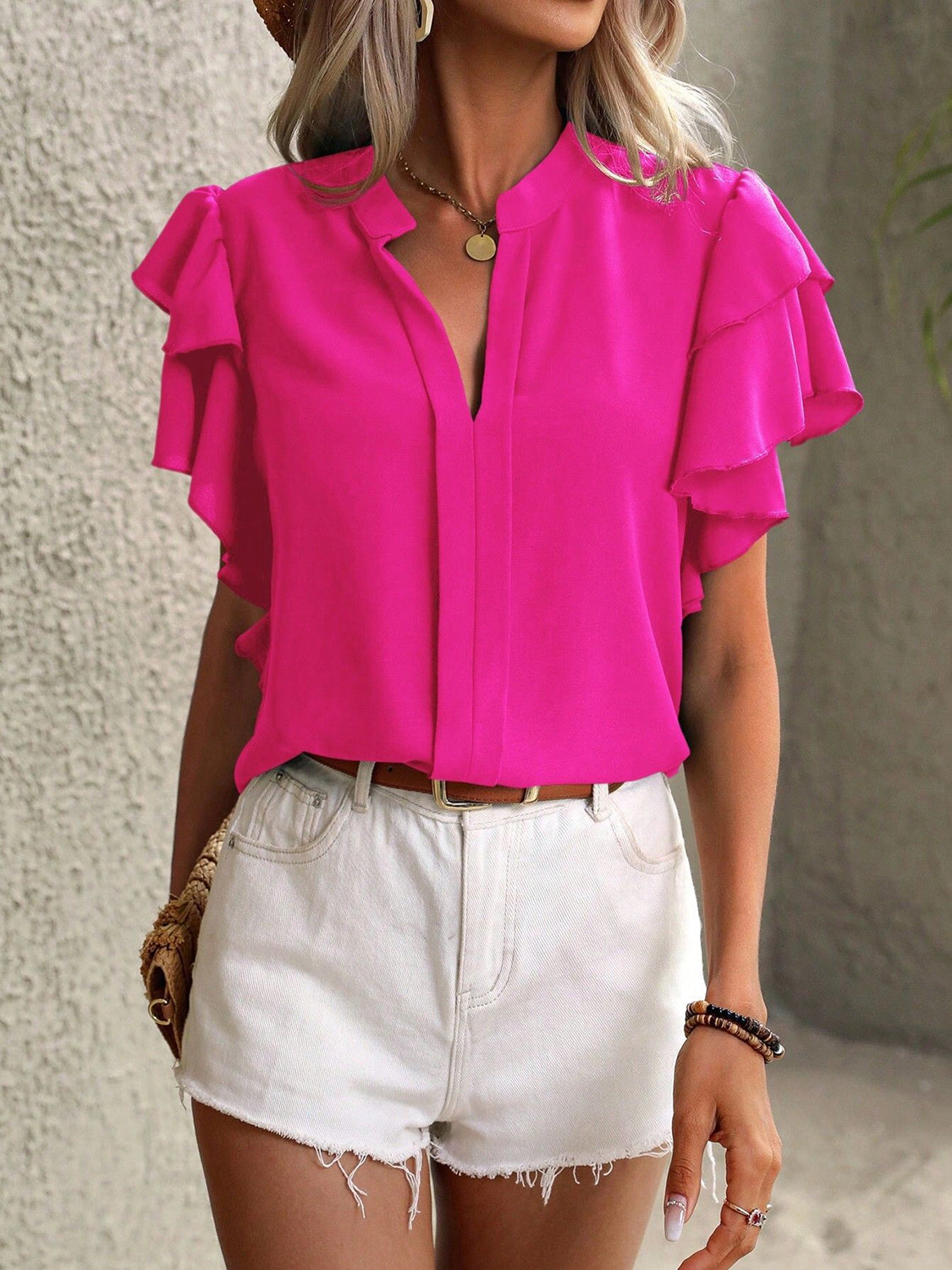 Ruffled Notched Short Sleeve Blouse nicholesgifts