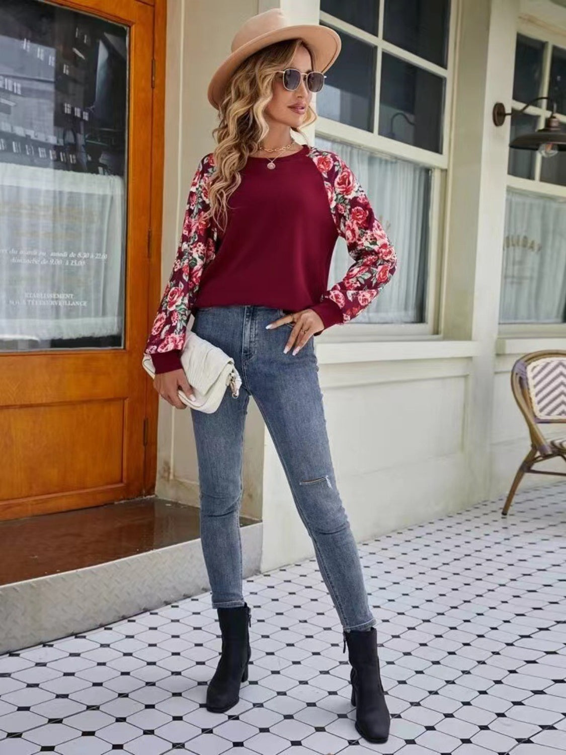 Women Floral Raglan Sleeve Round Neck Sweatshirt nicholesgifts