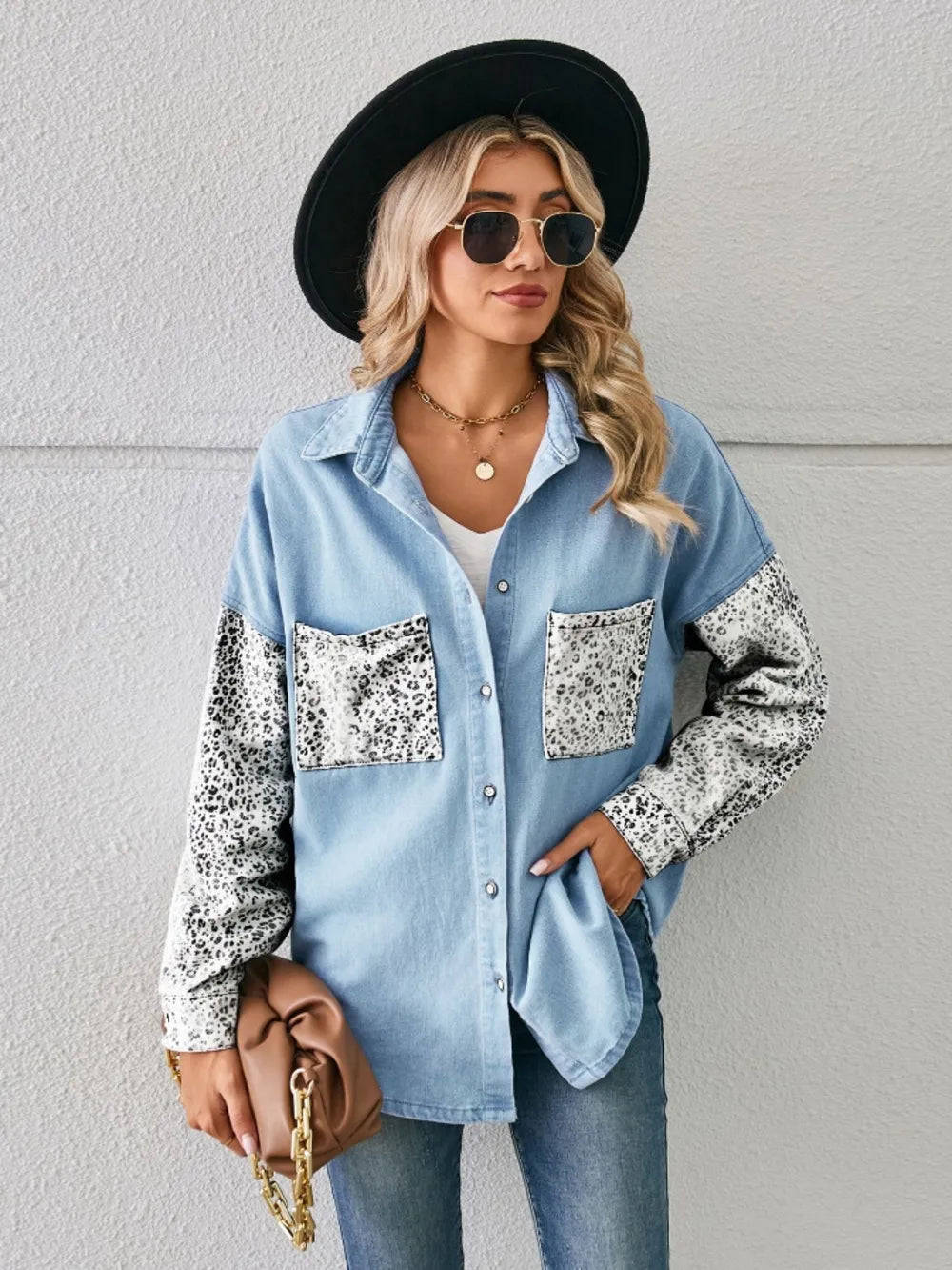 Leopard Button Up Denim Jacket nicholesgifts