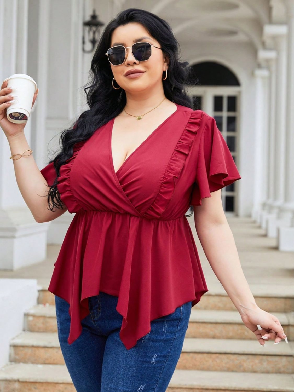 Plus Size Frill Surplice Flutter Sleeve Blouse nicholesgifts