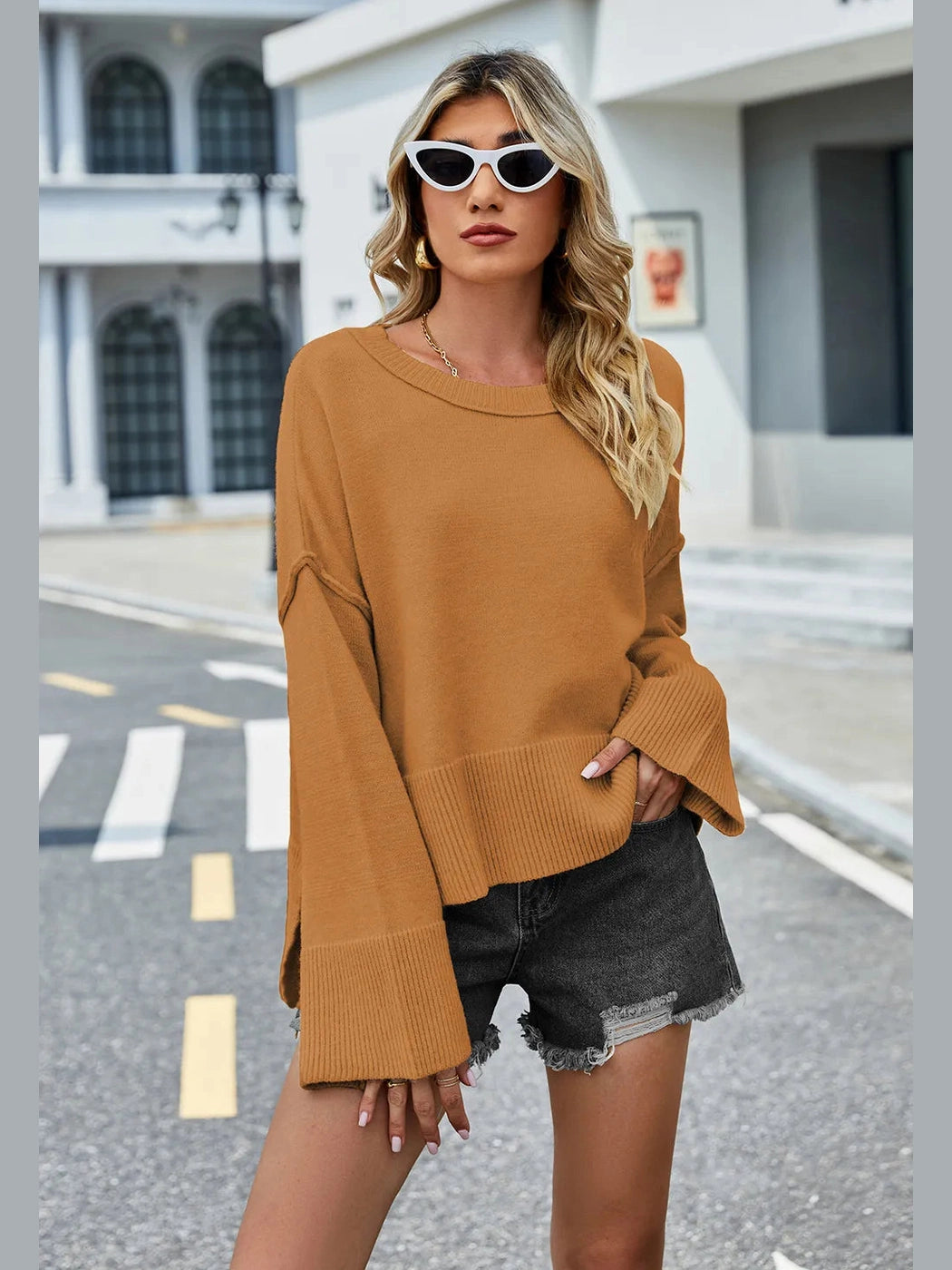 High-Low Slit Round Neck Long Sleeve Sweater nicholesgifts
