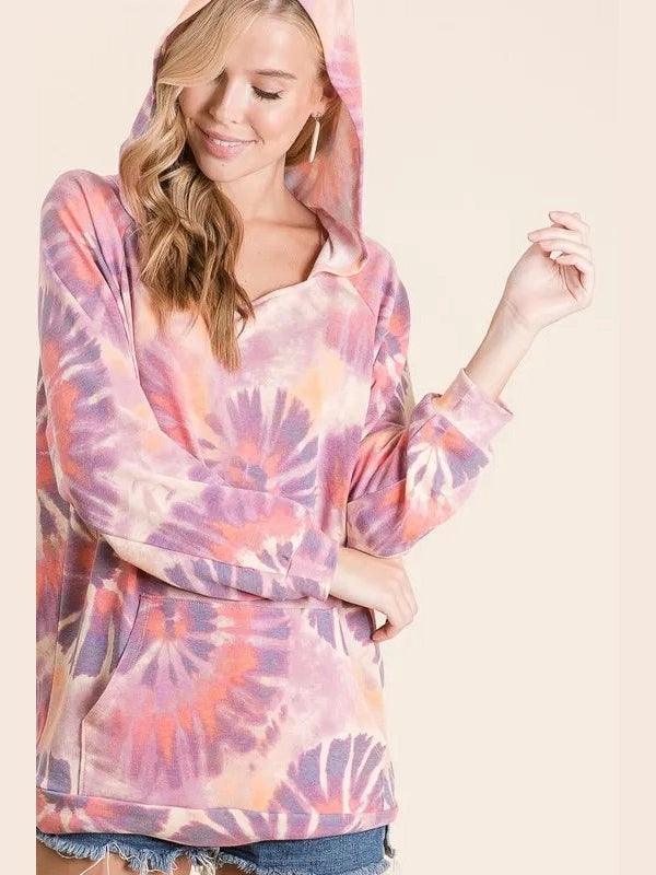 BiBi Circular Tie Dye Print Terry Hoodie with Kangaroo nicholesgifts