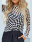Women Checkered Mock Neck Long Sleeve Blouse nicholesgifts