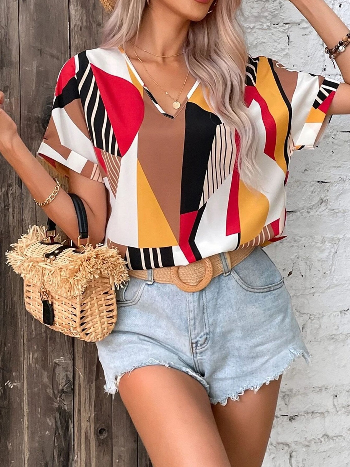 Printed V-Neck Short Sleeve Blouse nicholesgifts