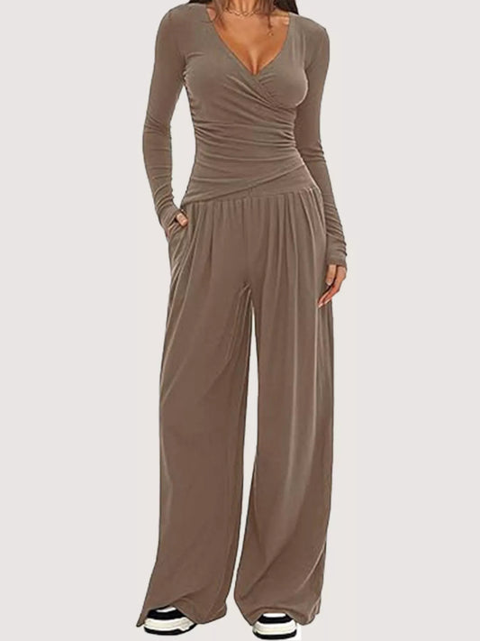 Casual Long Sleeve Top and Wide Leg Pants Set nicholesgifts
