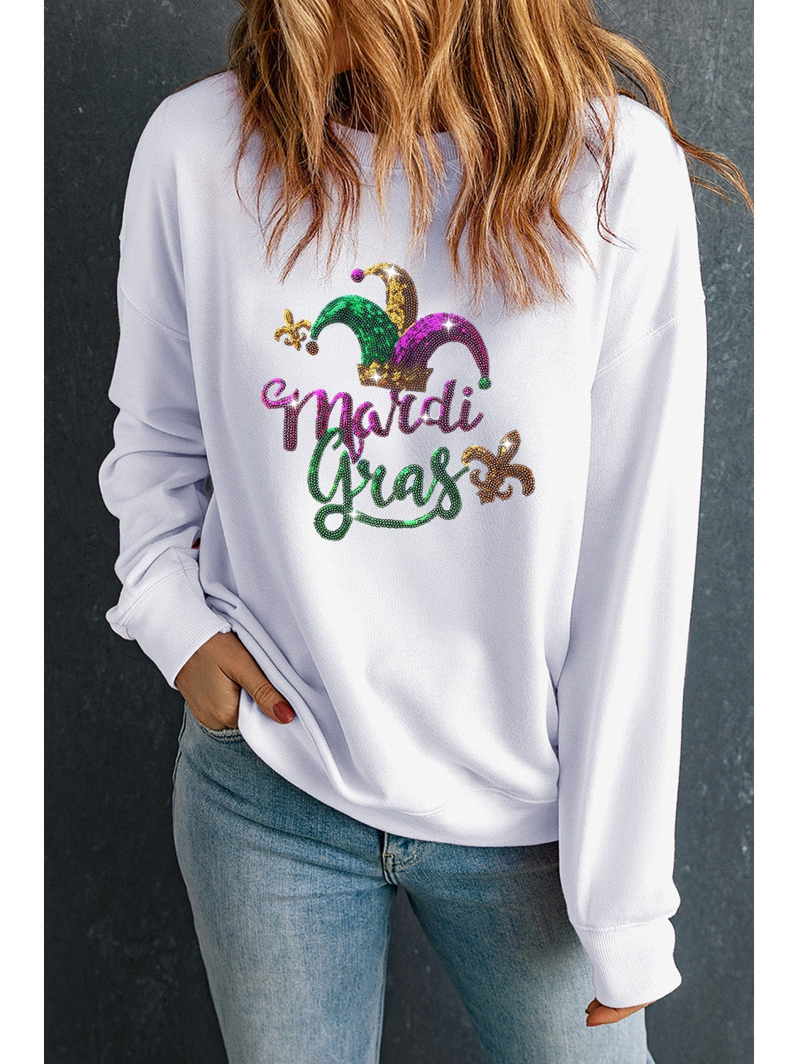 Women Mardi Gras Sequin Round Neck Sweatshirt nicholesgifts