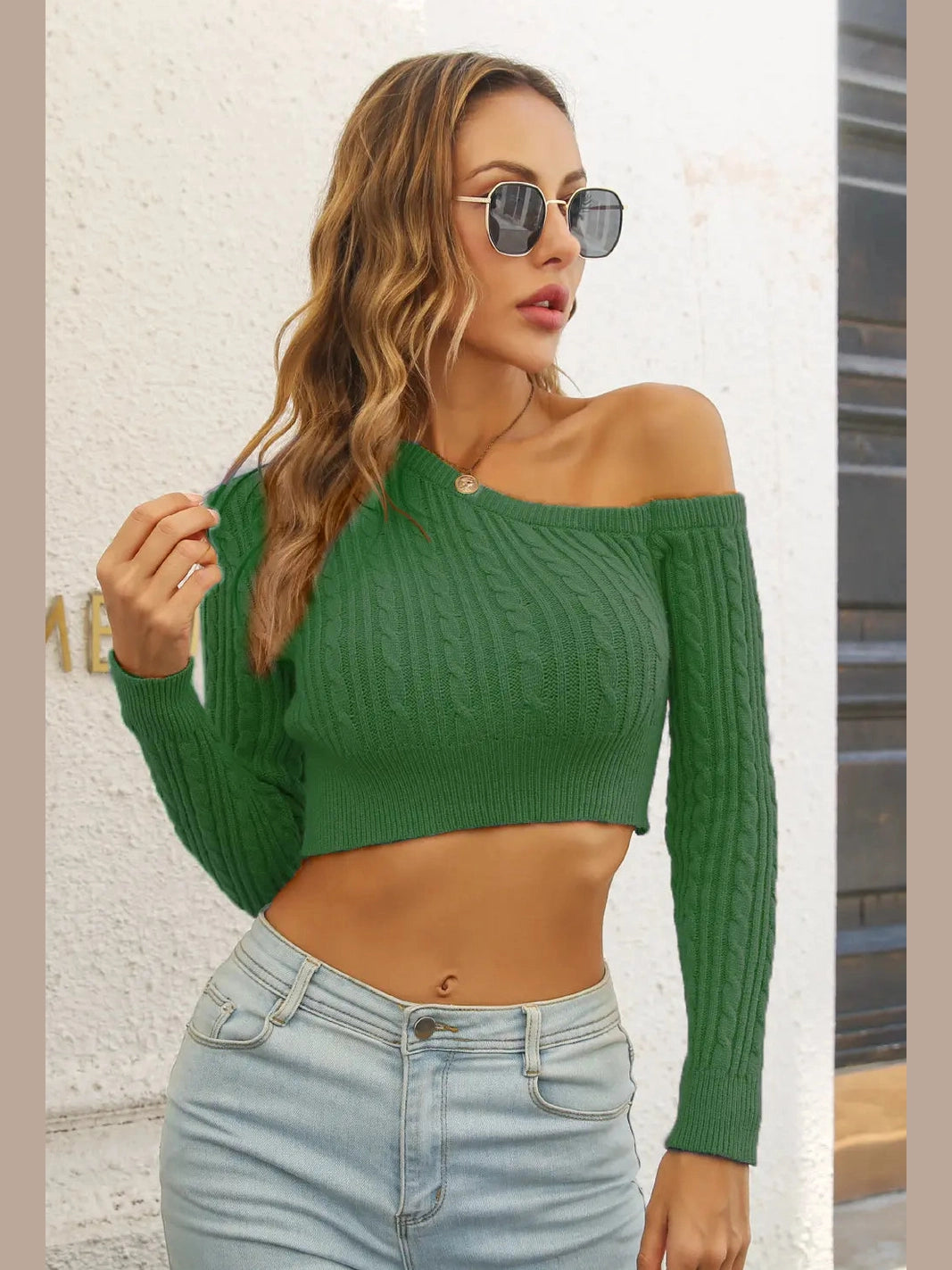 Cable-Knit One Shoulder Long Sleeve Sweater Trendsi