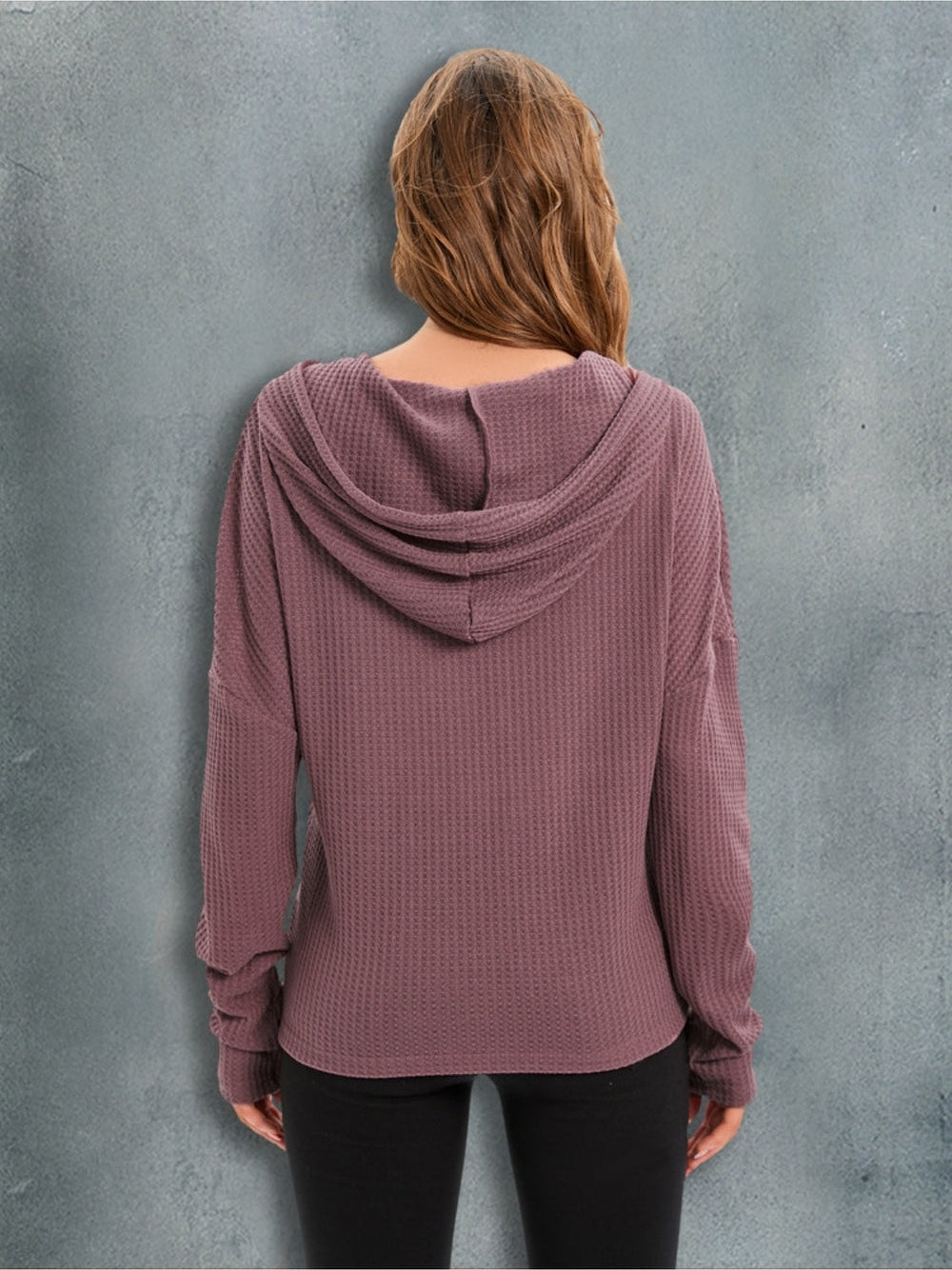 Waffle-Knit Drawstring Drop Shoulder Hoodie nicholesgifts