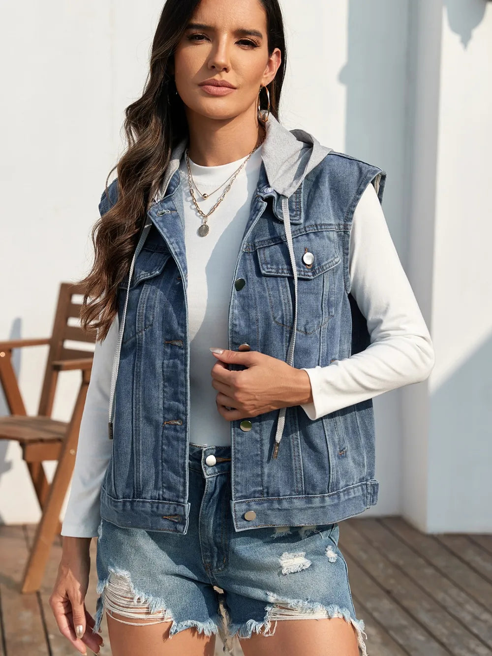 Pocketed Button Up Hooded Denim Jacket nicholesgifts