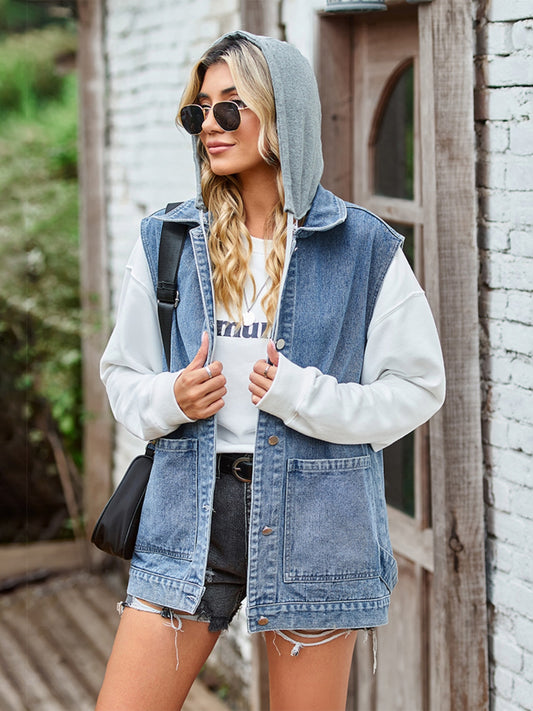 Women Up Sleeveless Denim Jacket with Pockets nicholesgifts
