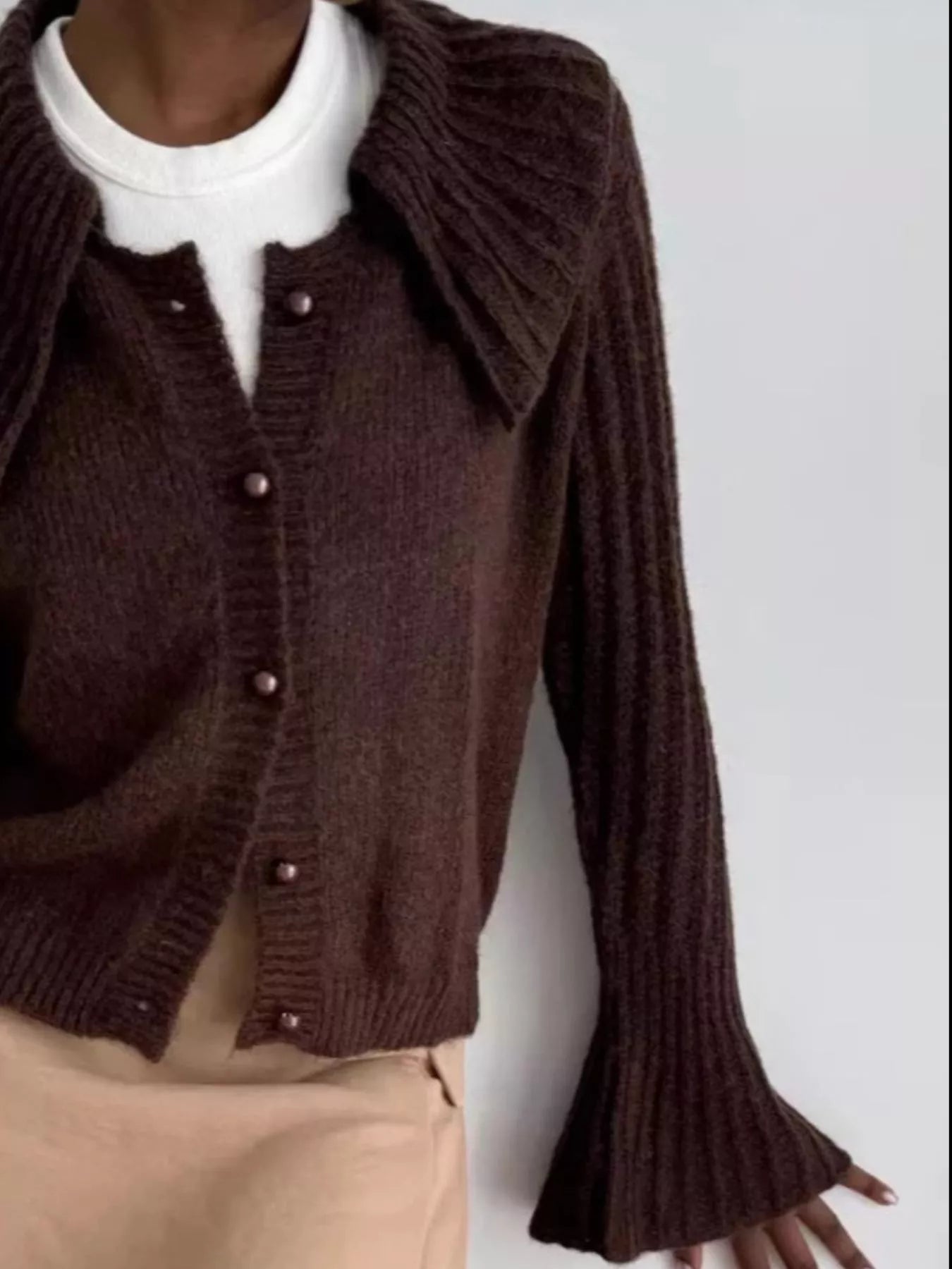 Women Button Up Flare Sleeve Cardigan Sweater nicholesgifts