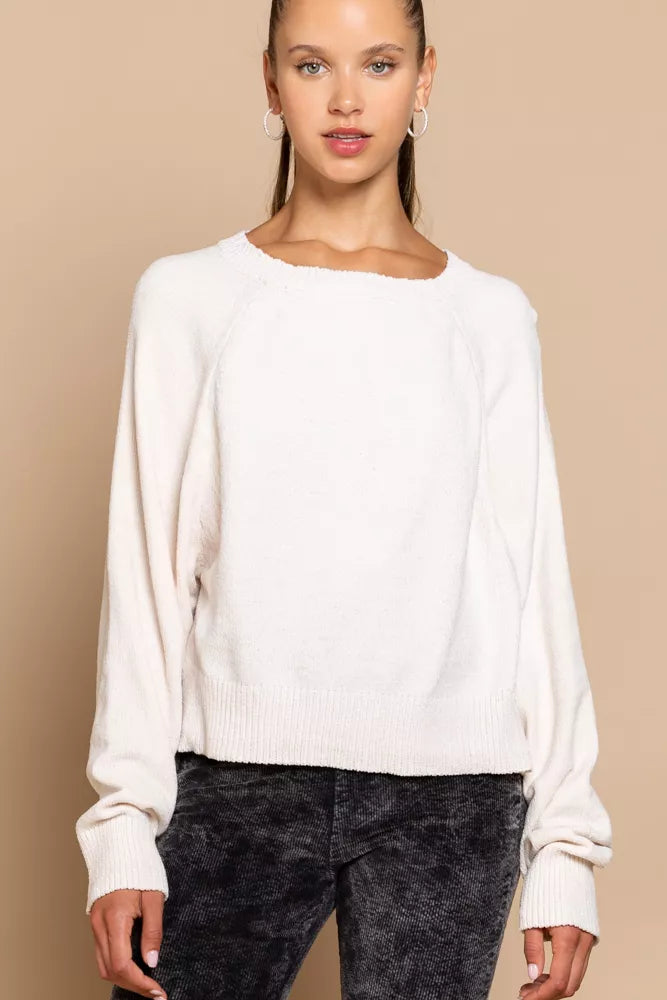 Women Round Neck Backless Sweater with Ribbed Edge