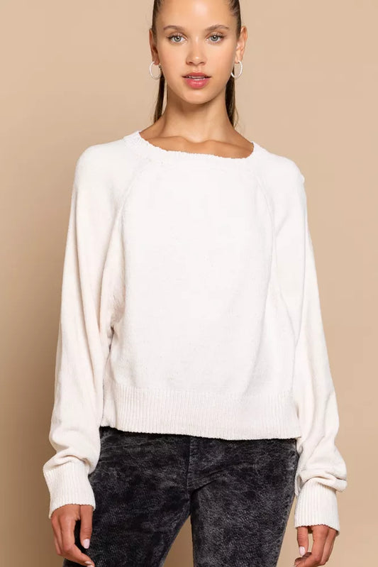 Women Round Neck Backless Sweater with Ribbed Edge