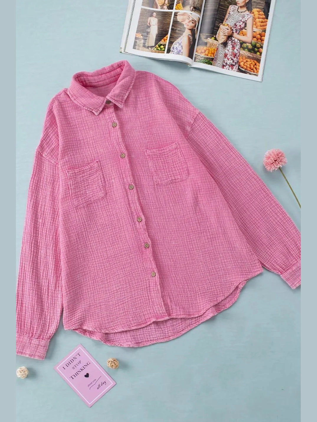 Button Down Collared Neck Long Sleeve Shirt NicholesGifts