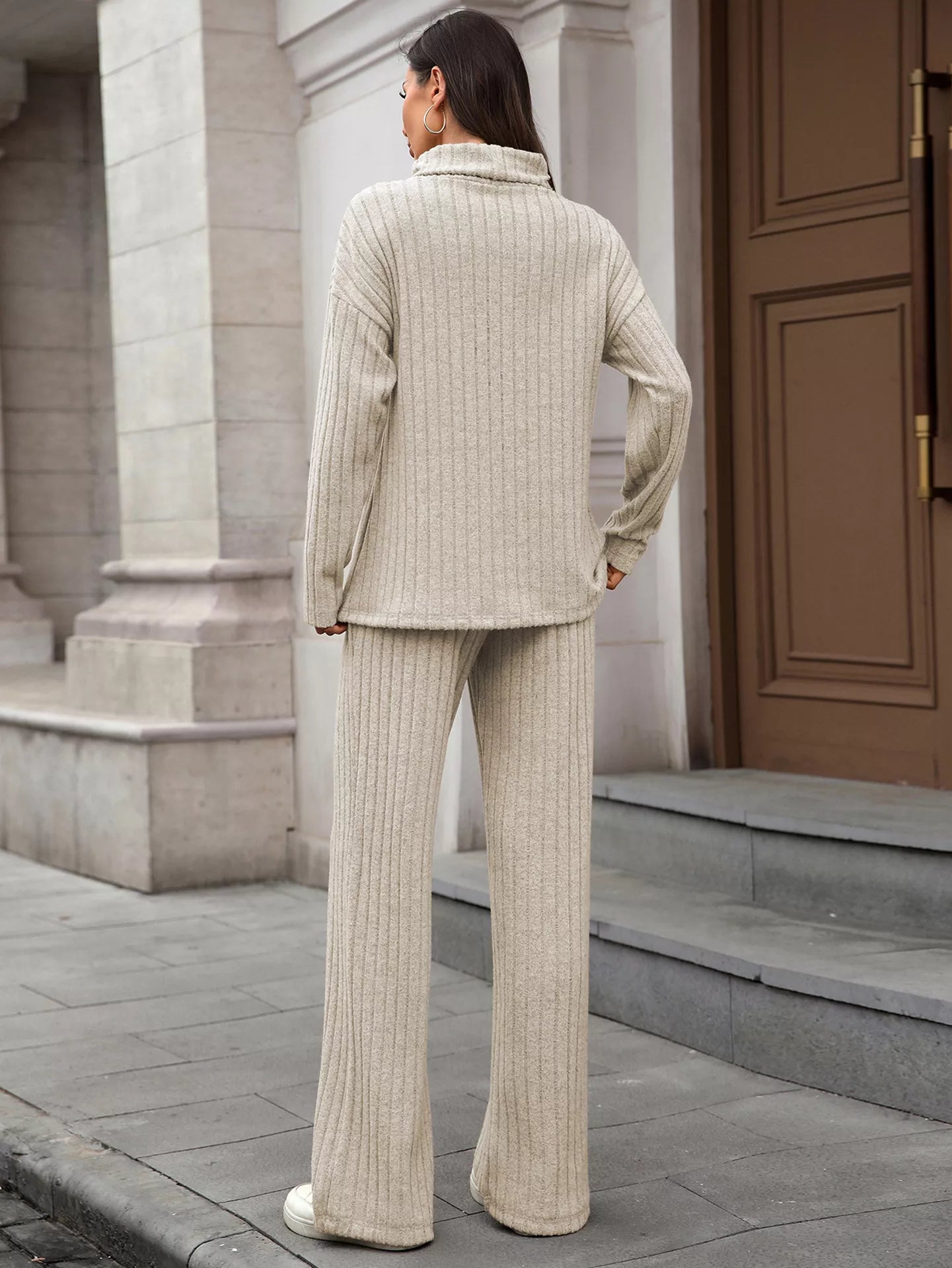 Ribbed Turtleneck Dropped Shoulder Top and Pants Sweater Set Trendsi