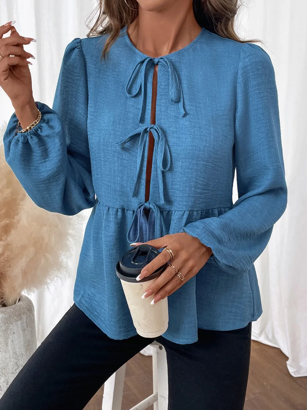Peplum Tie Neck Balloon Sleeve Blouse NicholesGifts