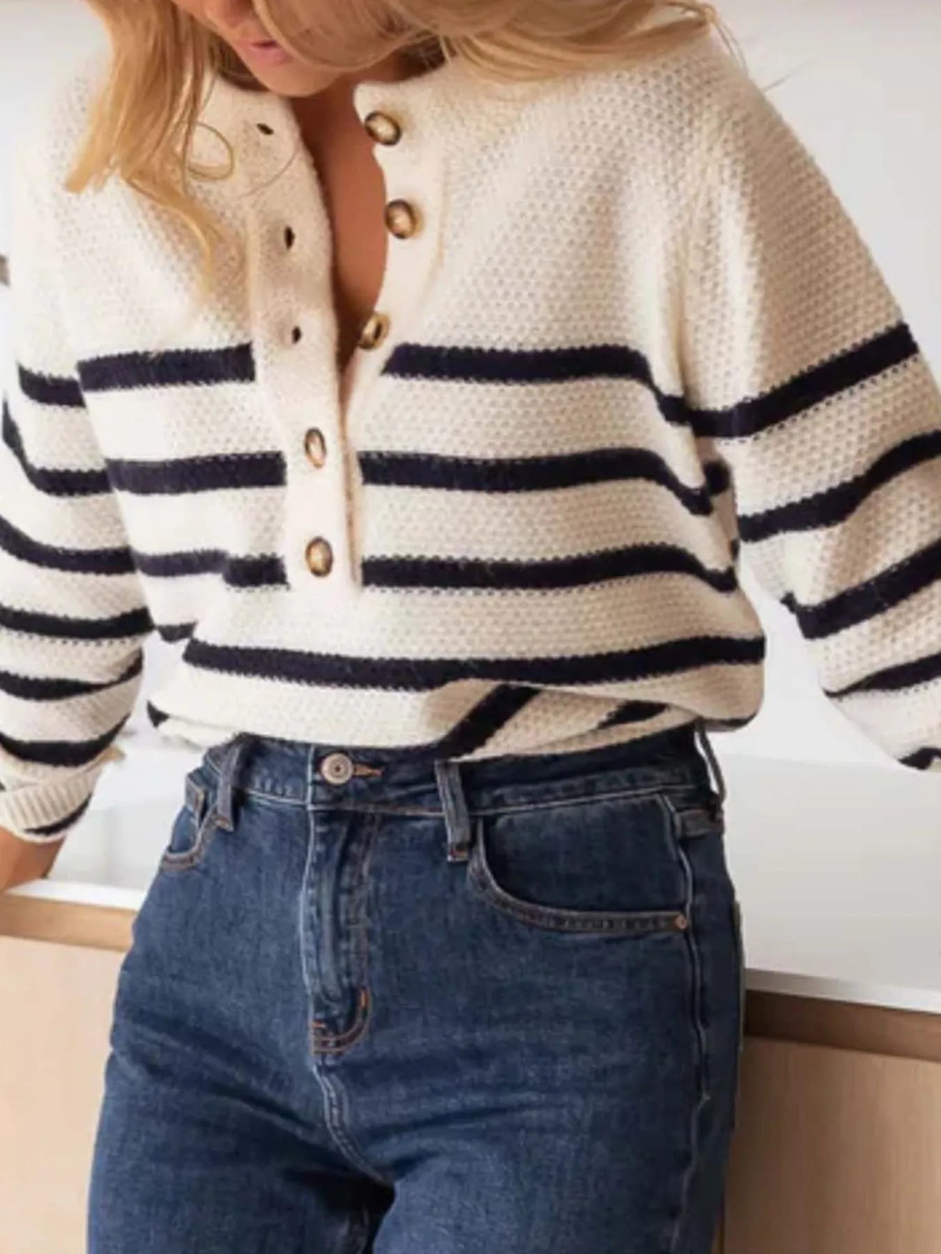 Striped Button-Front Sweater Trendsi